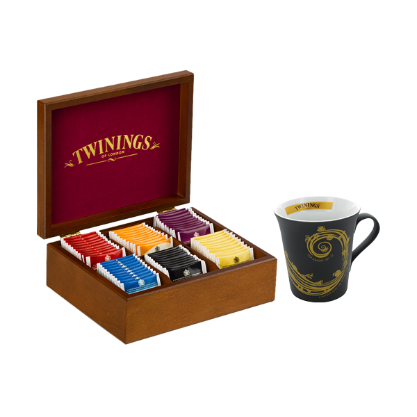 Twinings Holzbox mit 6 Schwarztee und Tasse